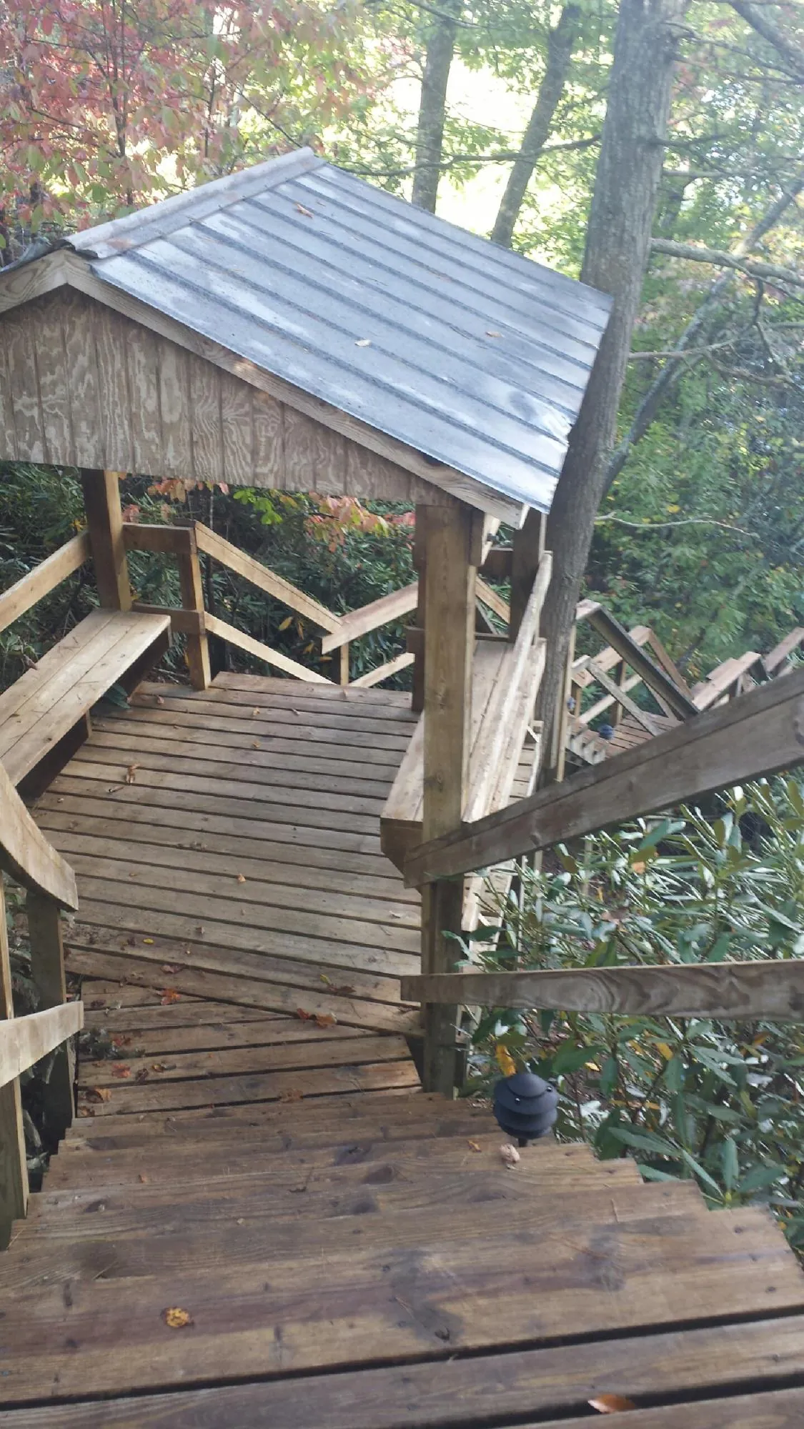 Metal roofed shelter over wooden steps on a wooded walkway — Skylight Repair & Installation work by our crew in Saint Ann